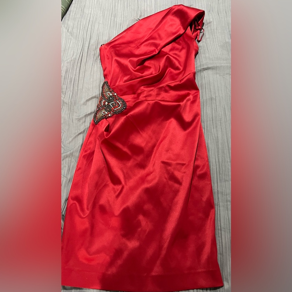 Eliza J Satin One Shoulder Red Mini Dress with Bead Embellishment